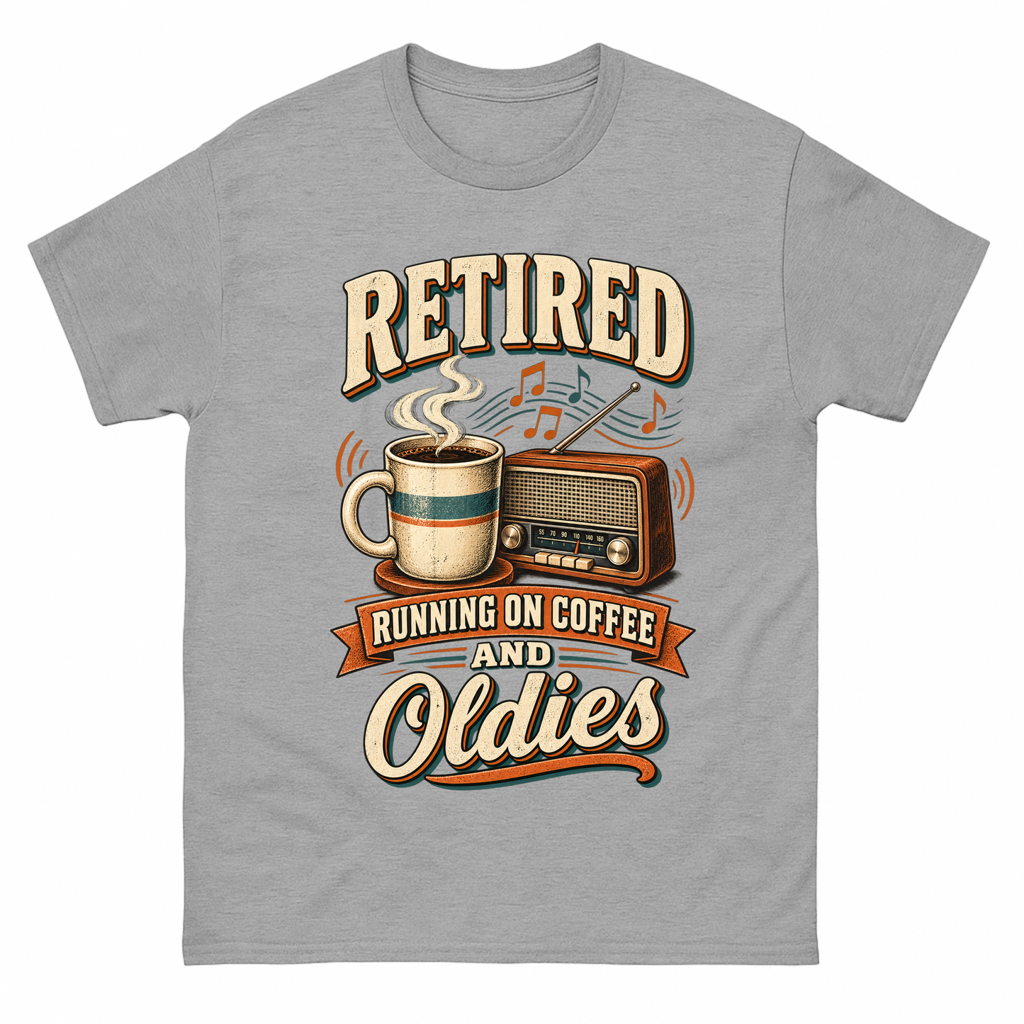 Sport Grey vintage t-shirt with Retro Running On Coffee And Oldies printed front design