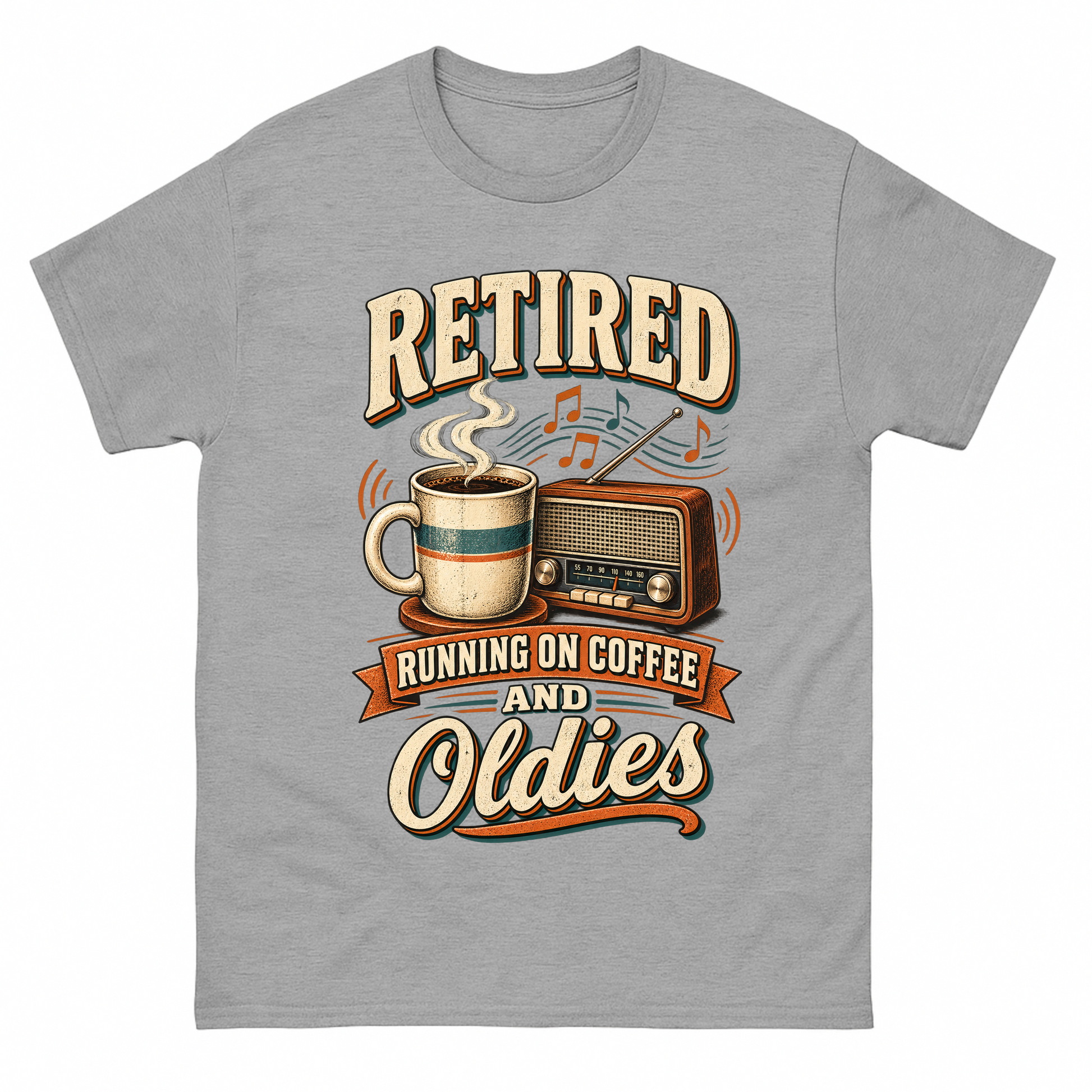 Sport Grey vintage t-shirt with Retro Running On Coffee And Oldies printed front design