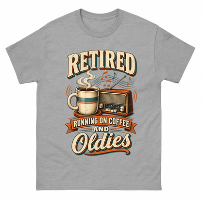 Sport Grey vintage t-shirt with Retro Running On Coffee And Oldies printed front design