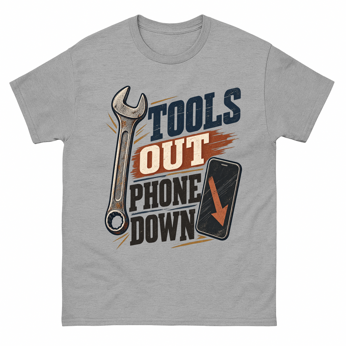 Sport Grey vintage t-shirt with Tools Out. Phone Down printed front design