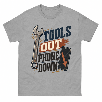 Sport Grey vintage t-shirt with Tools Out. Phone Down printed front design