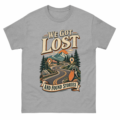 Sport Grey vintage t-shirt with We Got Lost And Found Stories printed front design