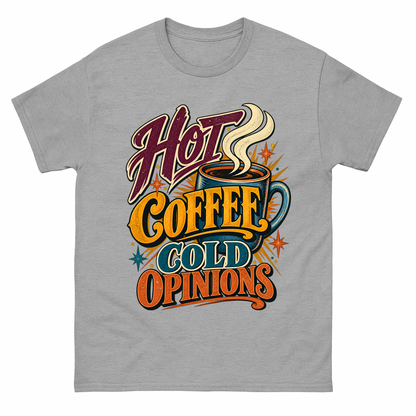 Sport Grey vintage t-shirt with Hot Coffee. Cold Opinions printed front design