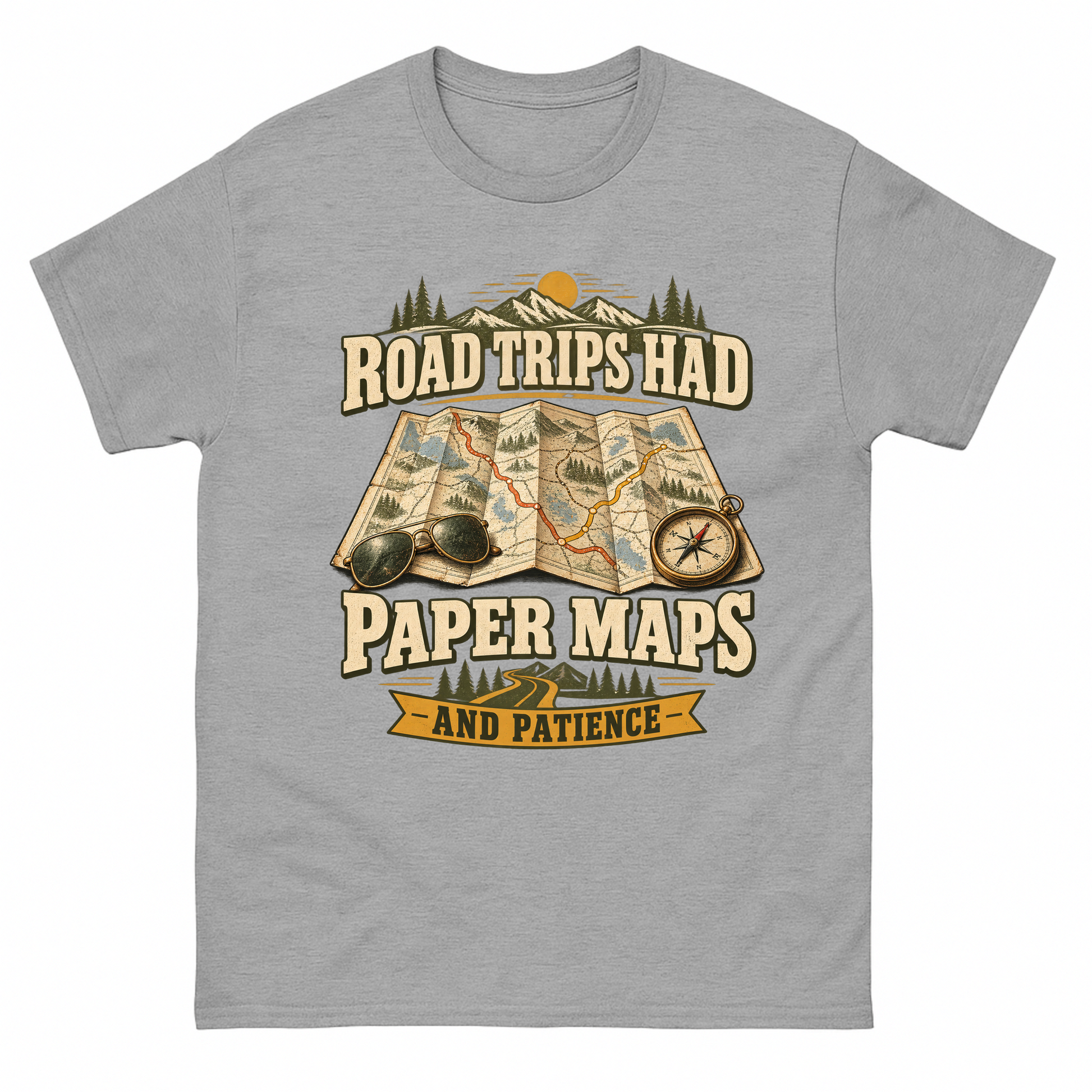 Sport Grey vintage t-shirt with Road Trips Had Paper Maps And Patience printed front design