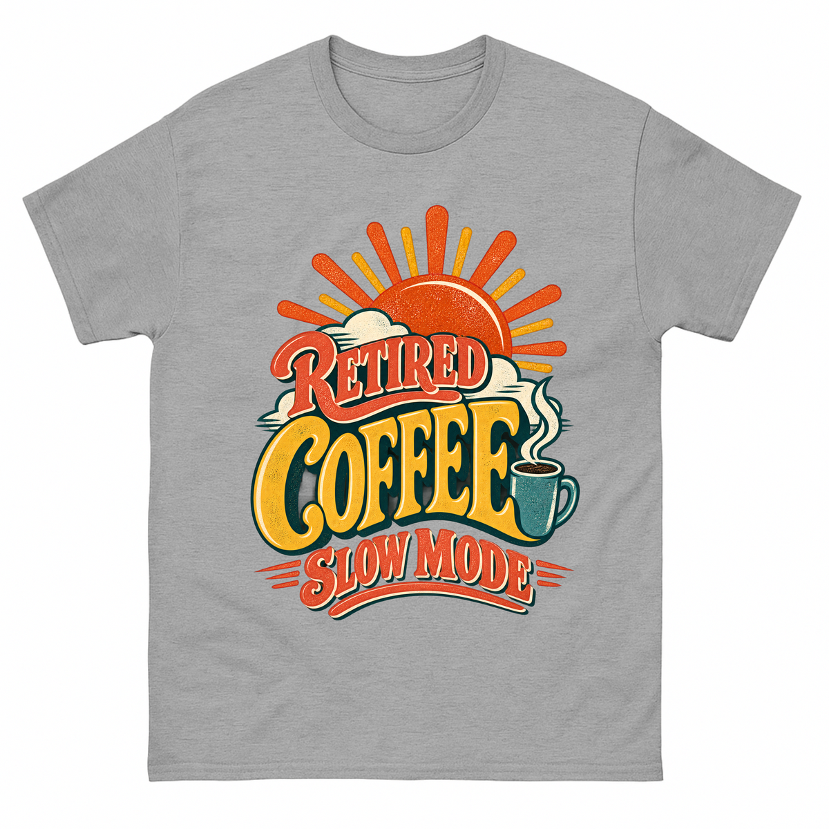 Sport Grey vintage t-shirt with Retired Coffee Slow Mode printed front design