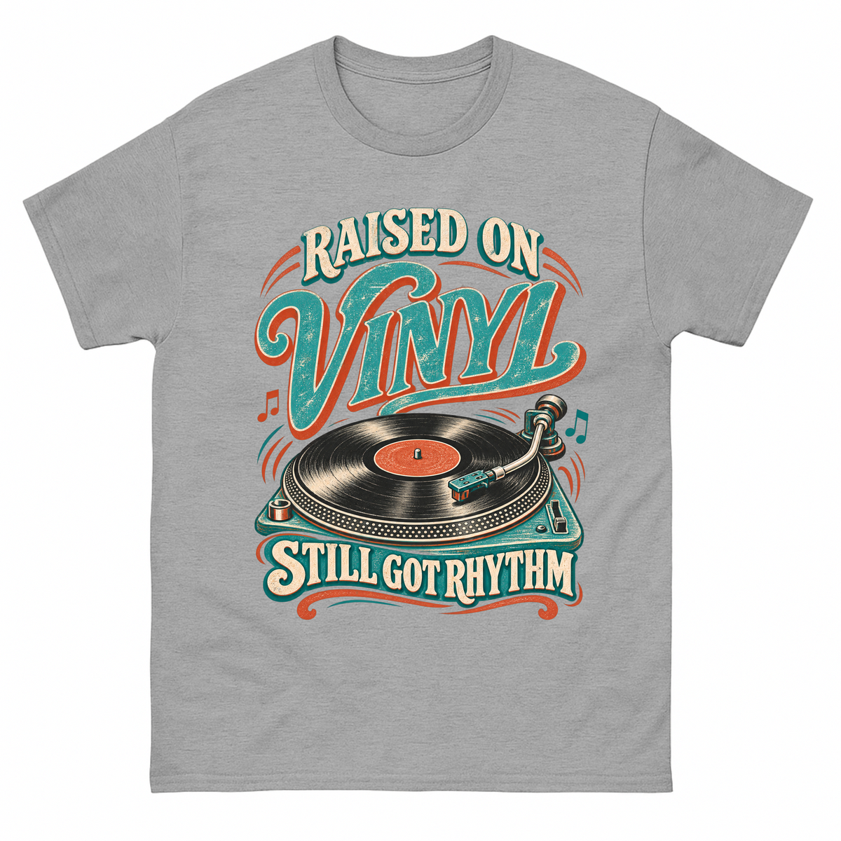 Sport Grey vintage t-shirt with Raised On Vinyl Still Got Rhythm printed front design
