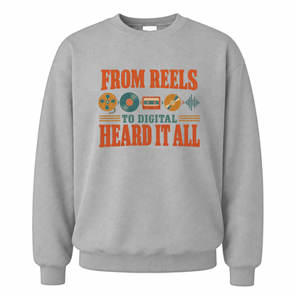 Sport Grey vintage sweatshirt with From Reels To Digital Heard It All printed front design
