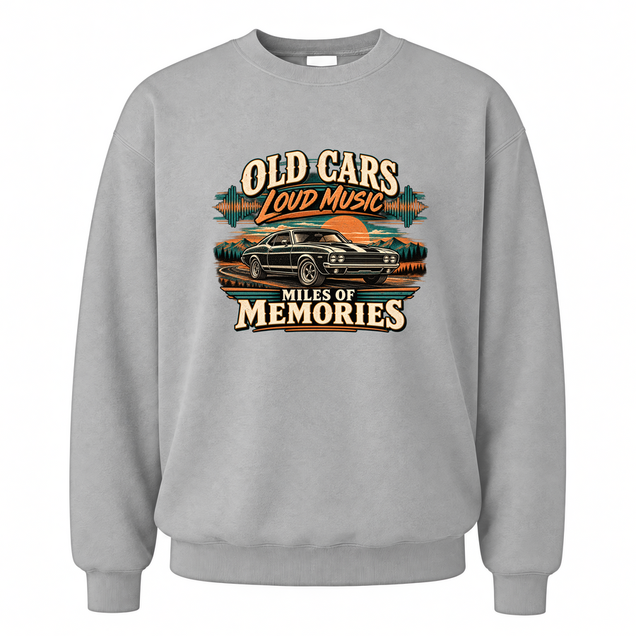 Sport Grey vintage sweatshirt with Old Cars. Loud Music. Miles Of Memories printed front design