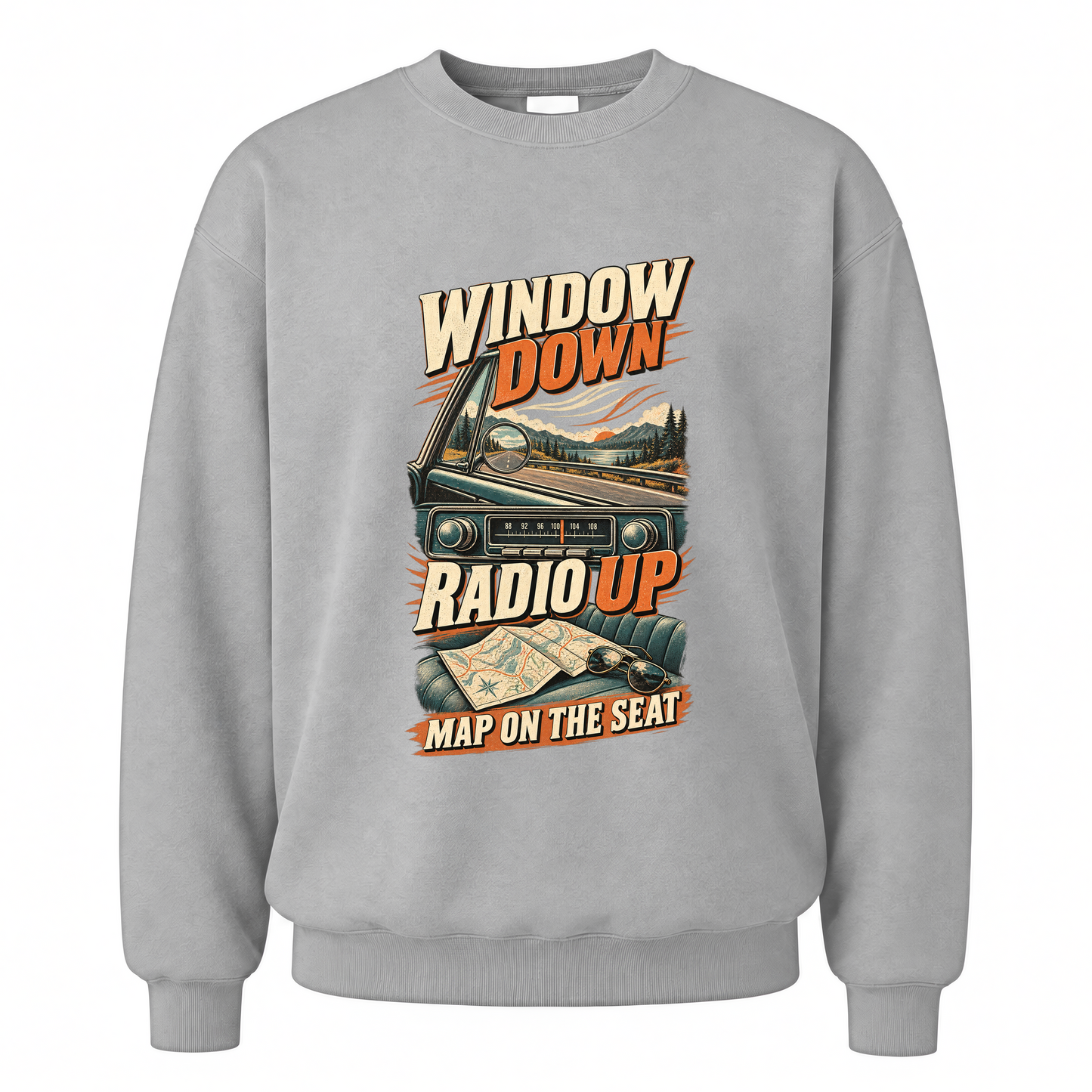 Sport Grey vintage sweatshirt with Window Down Radio Up. Map On The Seat printed front design