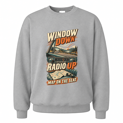 Sport Grey vintage sweatshirt with Window Down Radio Up. Map On The Seat printed front design