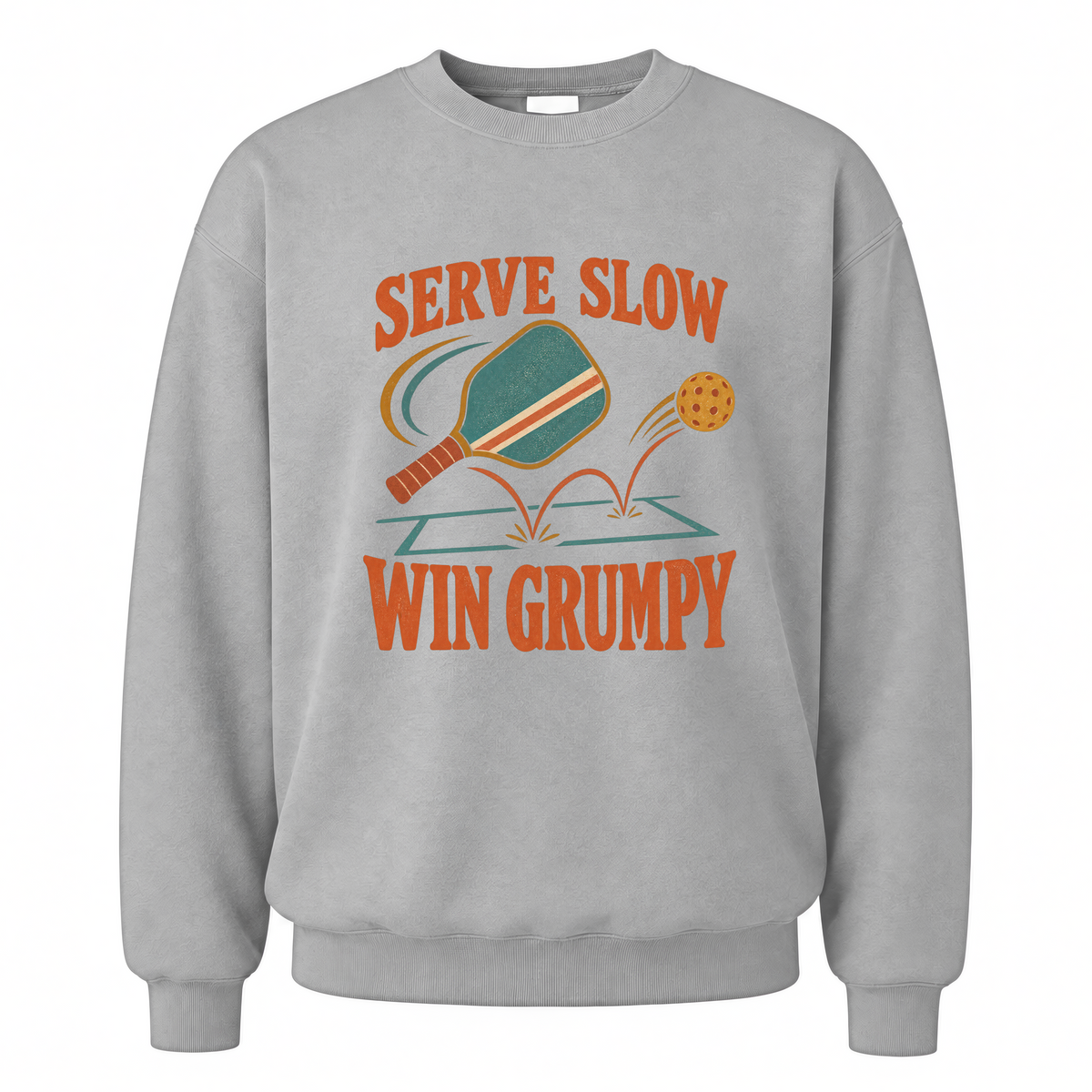 Sport Grey vintage sweatshirt with Serve Slow Win Grumpy printed front design