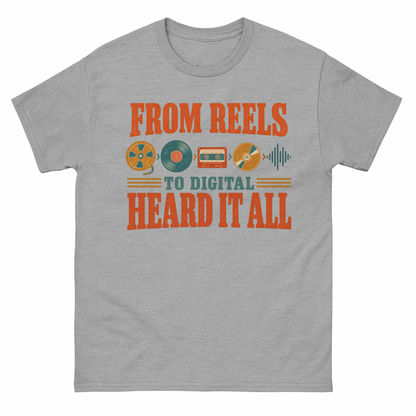 Sport Grey vintage t-shirt with From Reels To Digital Heard It All printed front design