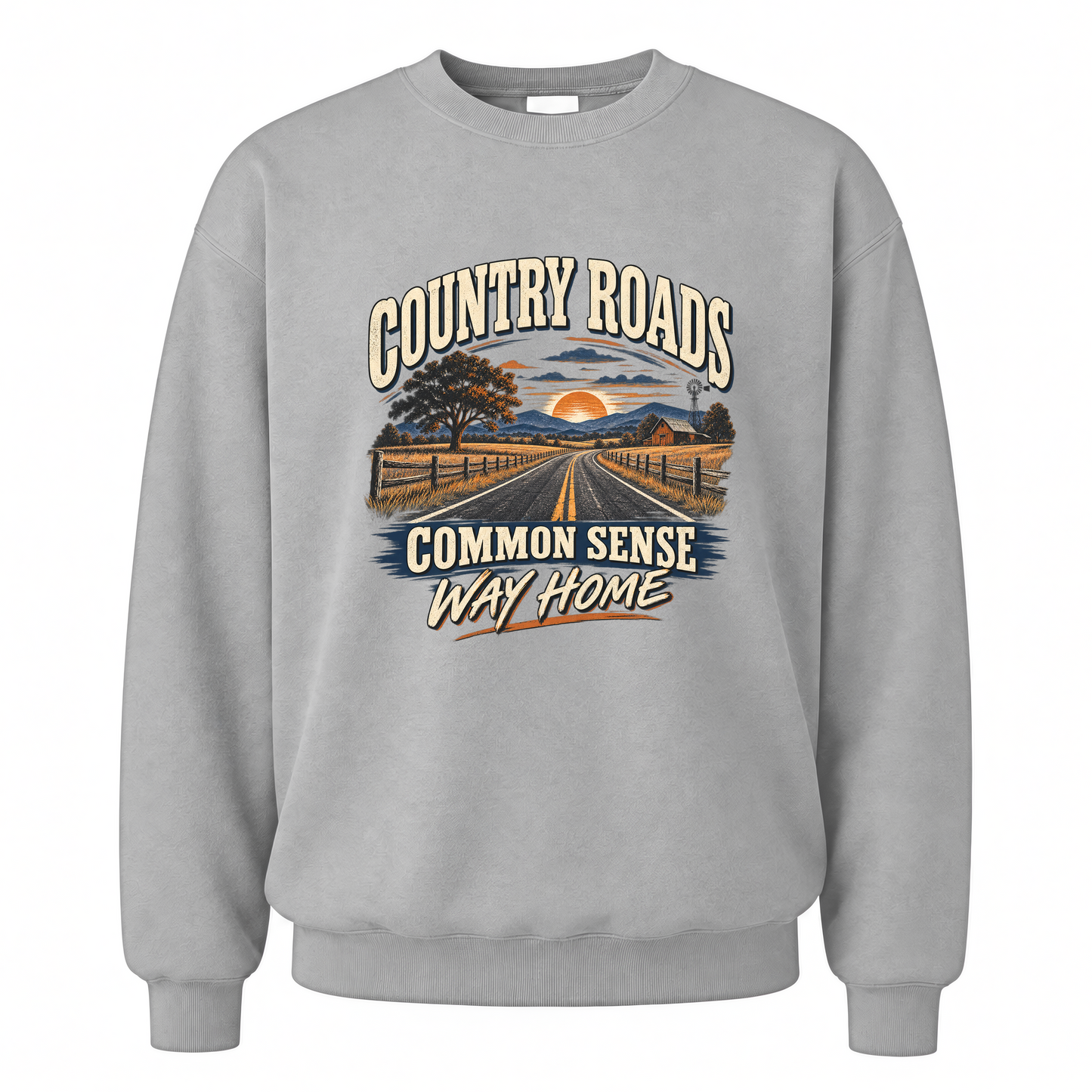 Sport Grey vintage sweatshirt with Country Roads. Common Sense Way Home printed front design