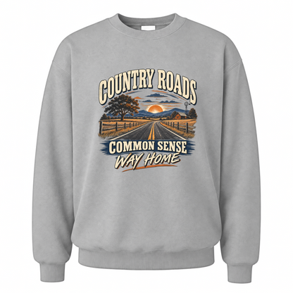 Sport Grey vintage sweatshirt with Country Roads. Common Sense Way Home printed front design