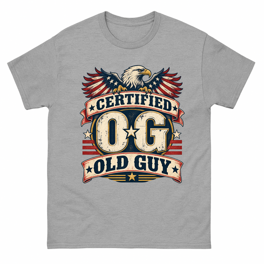 Sport Grey vintage t-shirt with Certified OG Old Guy printed front design