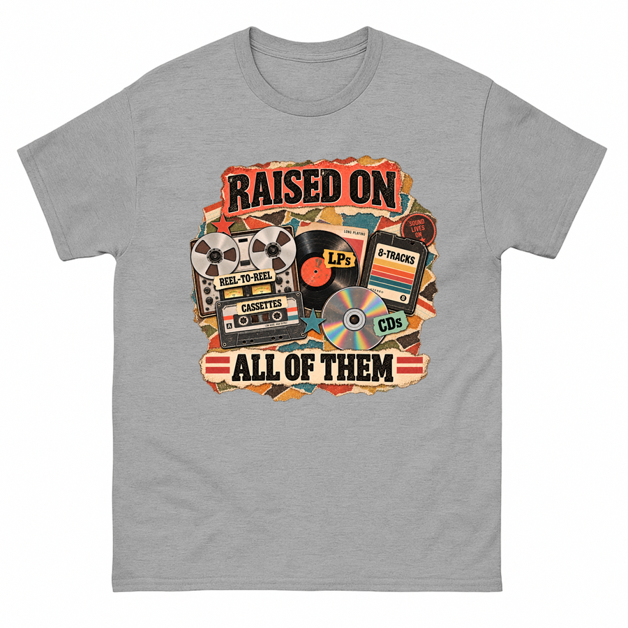 Sport Grey vintage t-shirt with Raised On All Of Them printed front design
