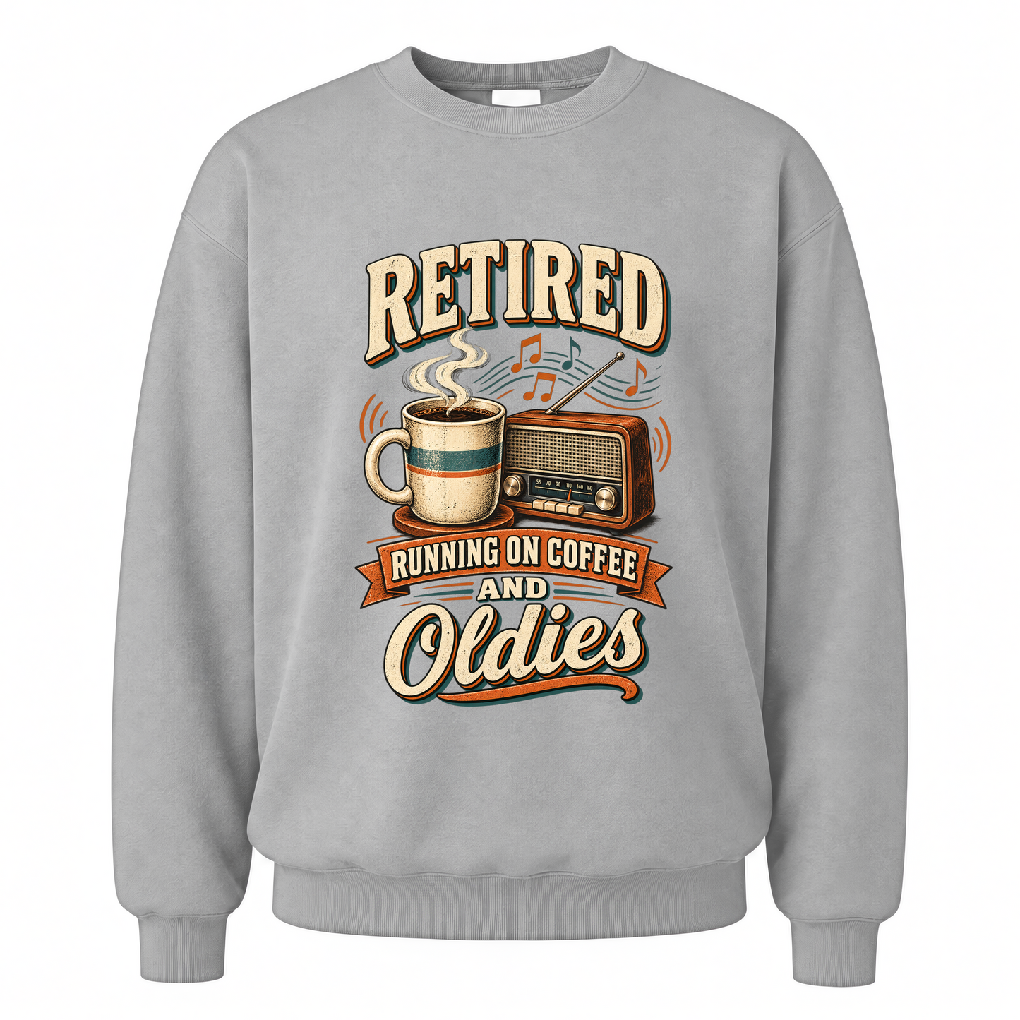 Sport Grey vintage sweatshirt with Retro Running On Coffee And Oldies printed front design