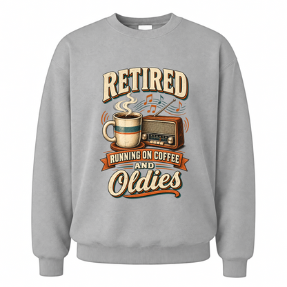 Sport Grey vintage sweatshirt with Retro Running On Coffee And Oldies printed front design
