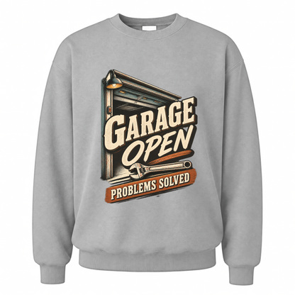 Sport Grey vintage sweatshirt with Garage Open Problems Solved printed front design
