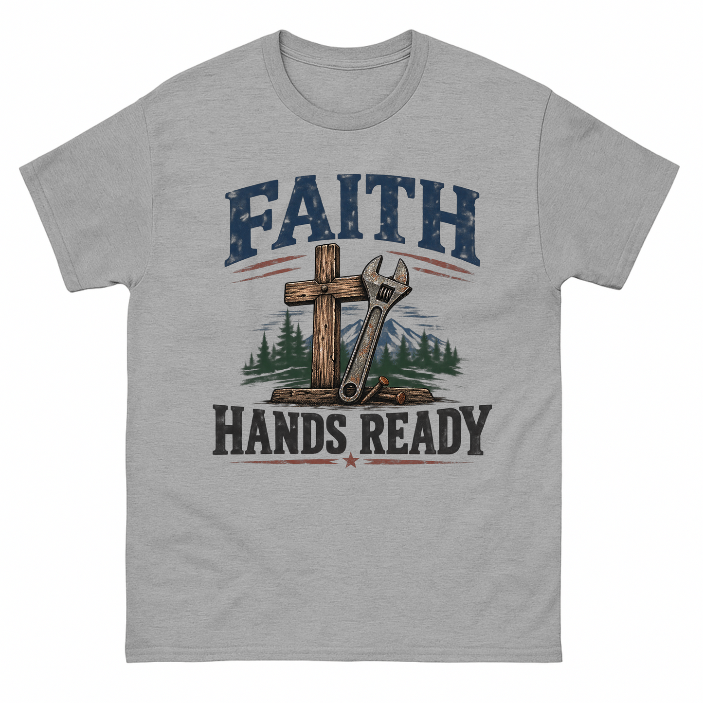 Sport Grey vintage t-shirt with Faith Hands Ready printed front design