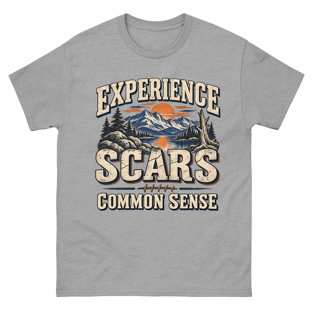 Sport Grey vintage t-shirt with Experience Scars. Common Sense printed front design