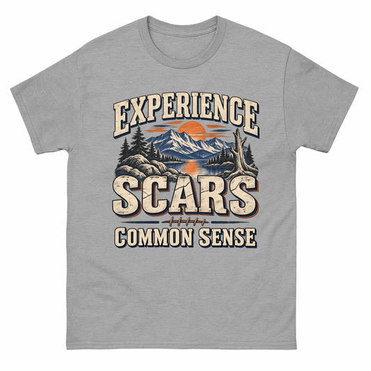 Sport Grey vintage t-shirt with Experience Scars. Common Sense printed front design