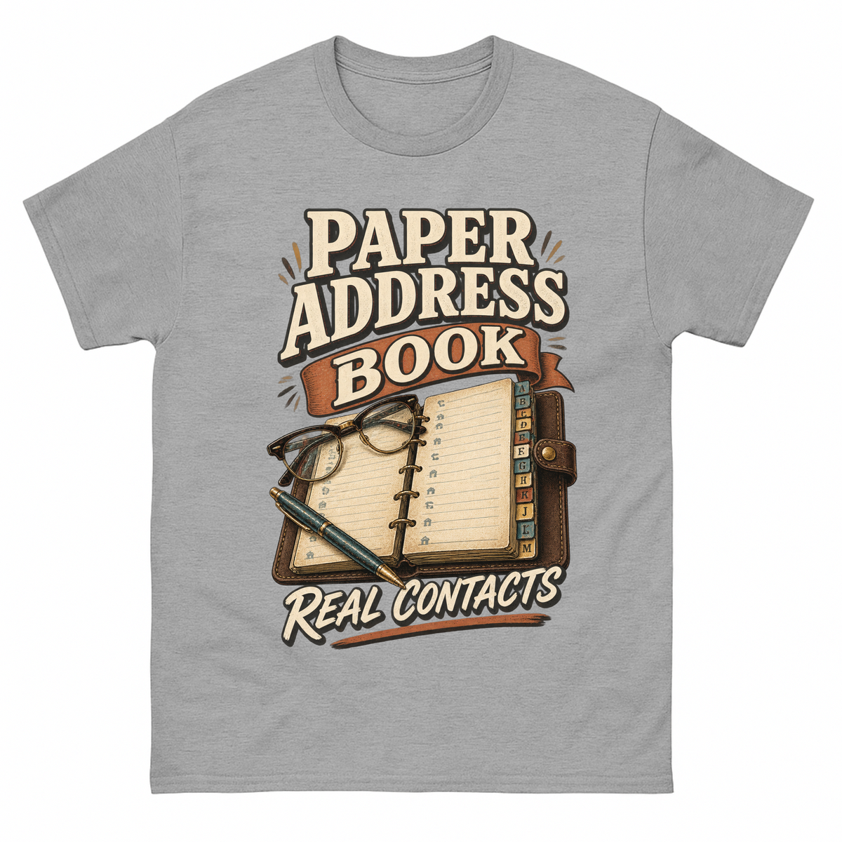 Sport Grey vintage t-shirt with Paper Address Book. Real Contacts printed front design