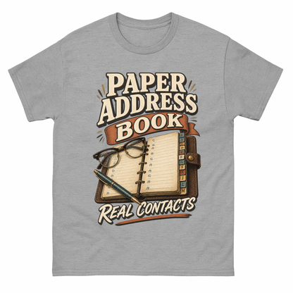 Sport Grey vintage t-shirt with Paper Address Book. Real Contacts printed front design