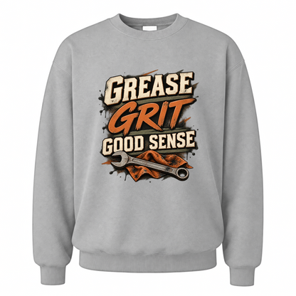 Sport Grey vintage sweatshirt with Grease Grit Good Sense printed front design