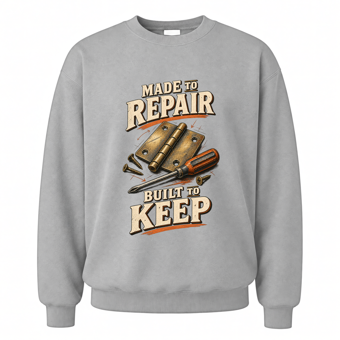 Sport Grey vintage sweatshirt with Made To Repair. Built To Keep printed front design