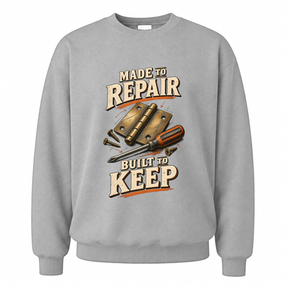 Sport Grey vintage sweatshirt with Made To Repair. Built To Keep printed front design