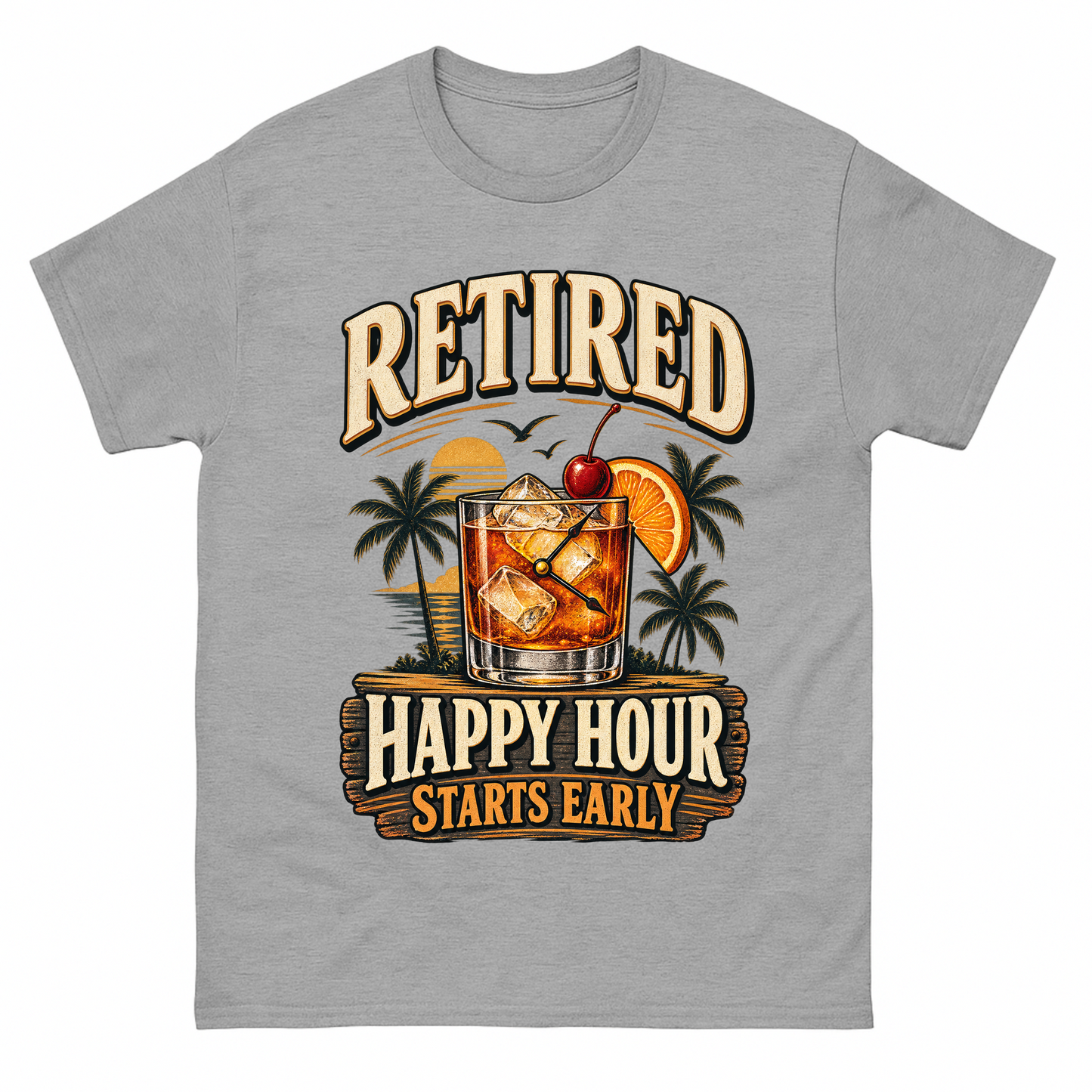 Sport Grey vintage t-shirt with Retired Happy Hour Starts Early printed front design