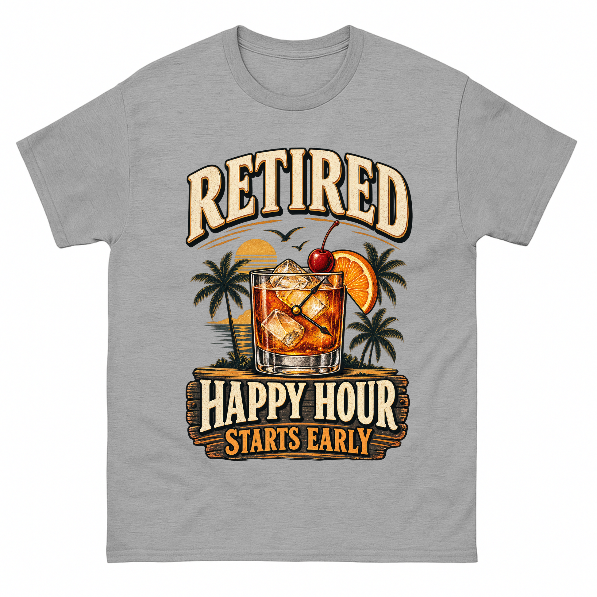 Sport Grey vintage t-shirt with Retired Happy Hour Starts Early printed front design