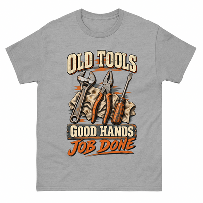 Sport Grey vintage t-shirt with Old Tools Good Hands Job Done printed front design