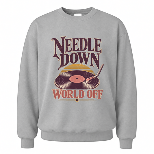 Sport Grey vintage sweatshirt with Needle Down World Off printed front design