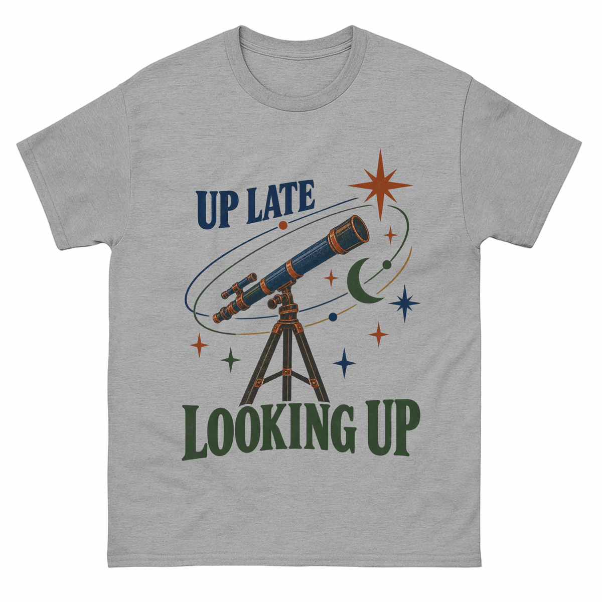 Sport Grey vintage t-shirt with Up Late Looking Up printed front design