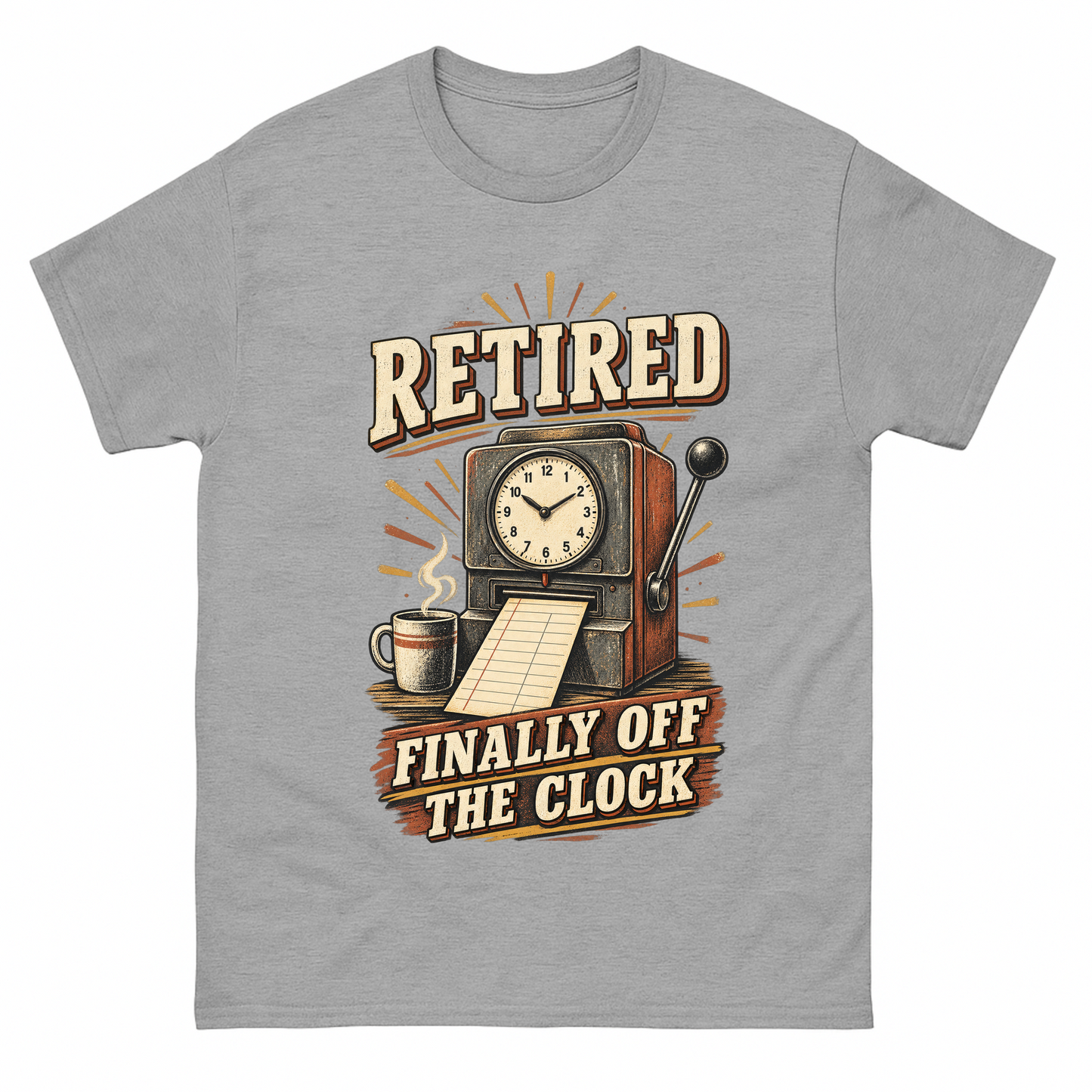 Sport Grey vintage t-shirt with Retired Finally Off The Clock printed front design