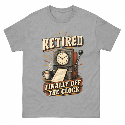 Sport Grey vintage t-shirt with Retired Finally Off The Clock printed front design