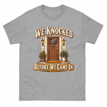 Sport Grey vintage t-shirt with We Knocked Before We Came In printed front design