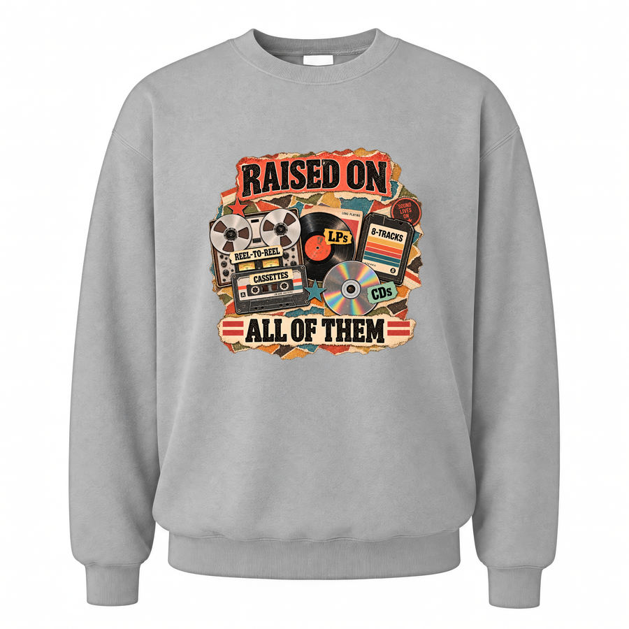 Sport Grey vintage sweatshirt with Raised On All Of Them printed front design