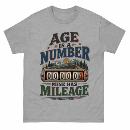 Sport Grey vintage t-shirt with Age Is A Number Mine Has Mileage printed front design