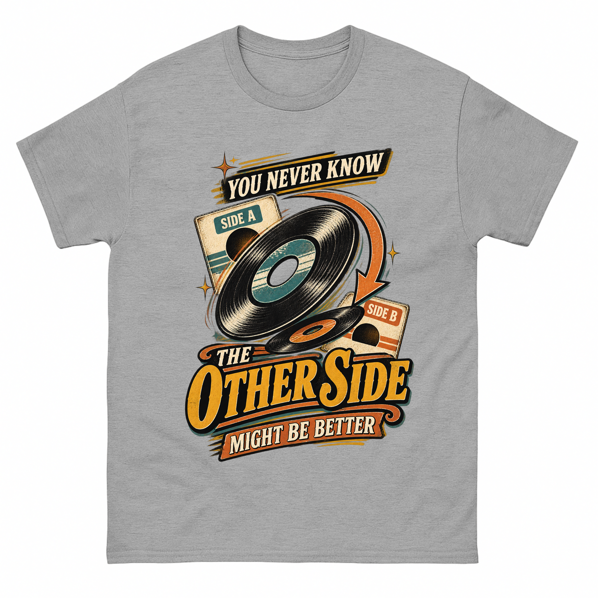 Sport Grey vintage t-shirt with you never know the other side vertical ideogram 4x printed front design