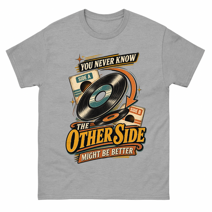 Sport Grey vintage t-shirt with you never know the other side vertical ideogram 4x printed front design