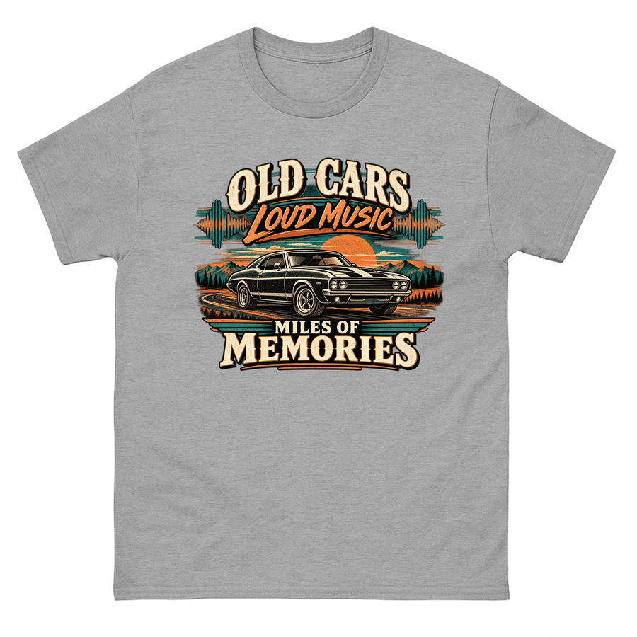 Sport Grey vintage t-shirt with Old Cars. Loud Music. Miles Of Memories printed front design