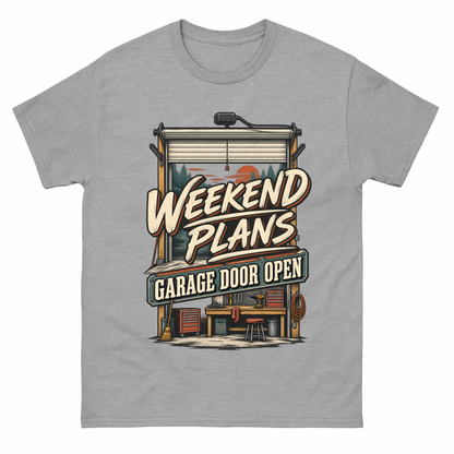Sport Grey vintage t-shirt with Weekend Plans. Garage Door Open printed front design