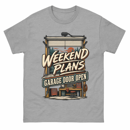 Sport Grey vintage t-shirt with Weekend Plans. Garage Door Open printed front design