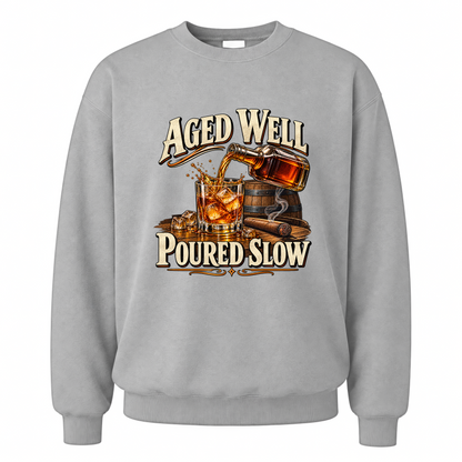 Sport Grey vintage sweatshirt with Aged Well. Poured Slow printed front design