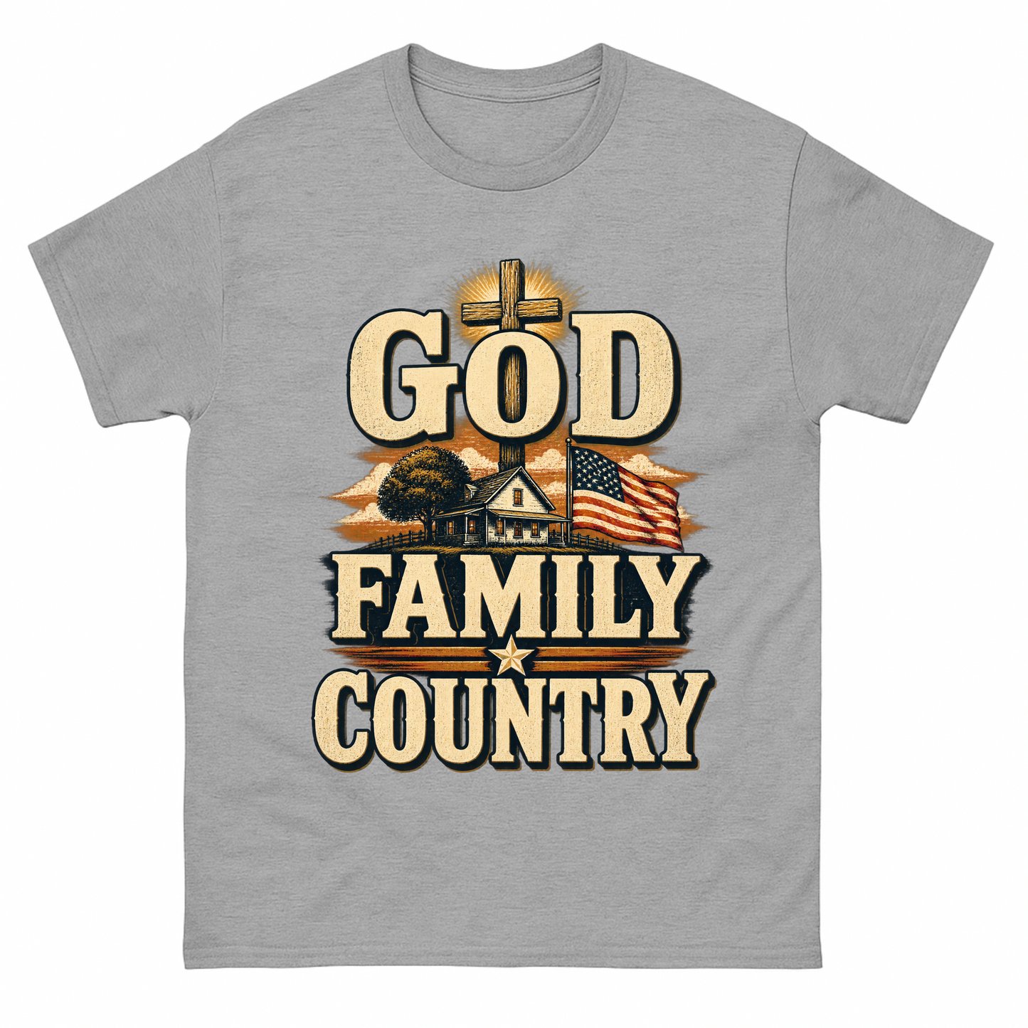 Sport Grey vintage t-shirt with God Family Country printed front design