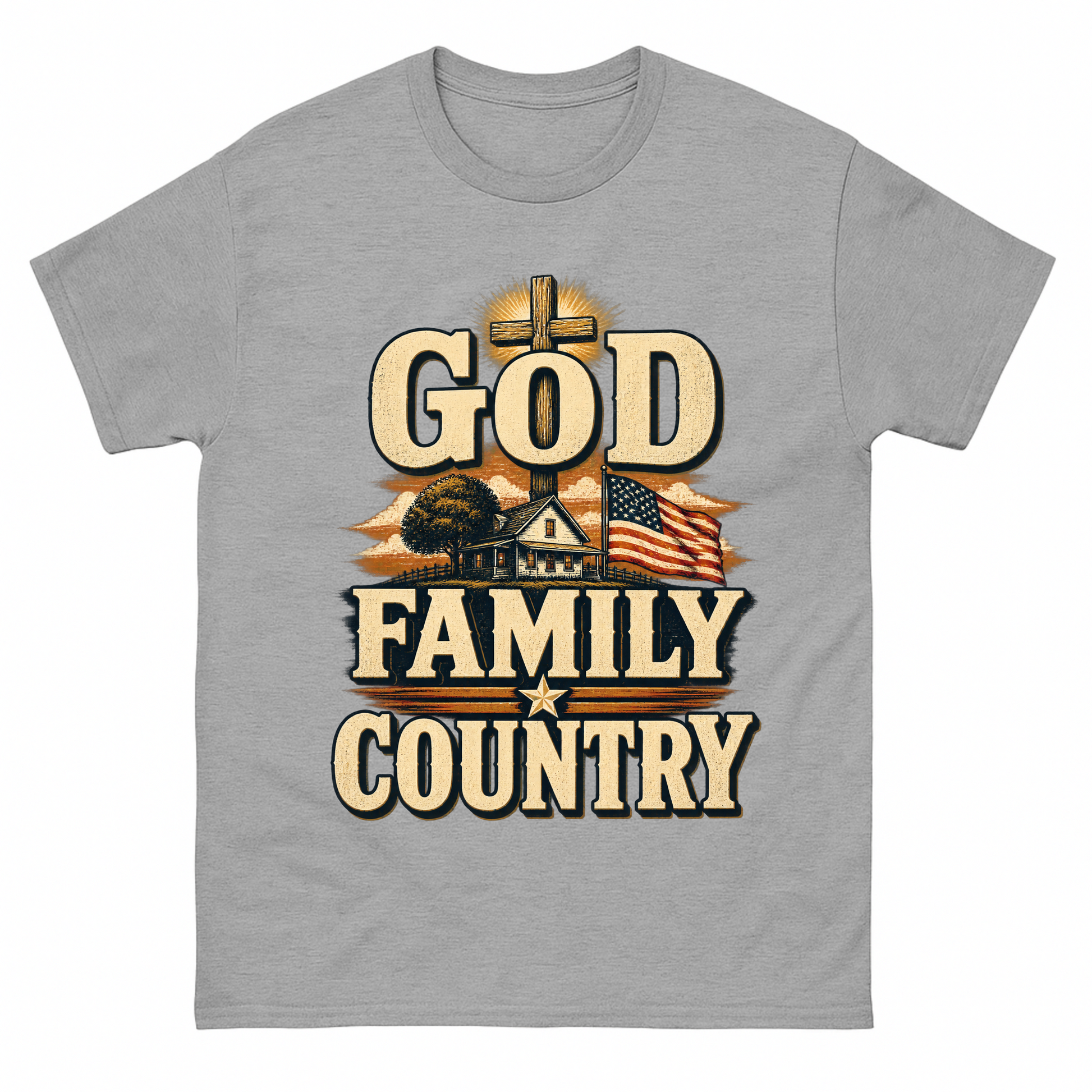 Sport Grey vintage t-shirt with God Family Country printed front design