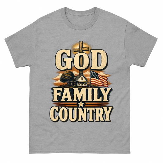 Sport Grey vintage t-shirt with God Family Country printed front design